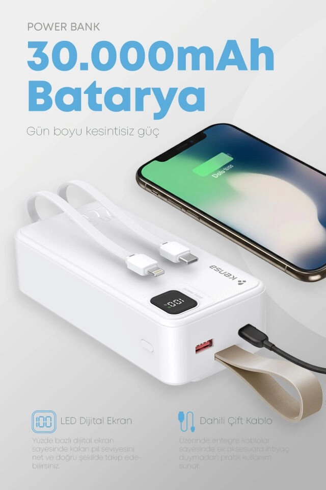Kensa 30.000 mAh Hızlı Şarj Powerbank Beyaz