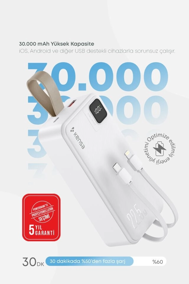 Kensa 30.000 mAh Hızlı Şarj Powerbank Beyaz