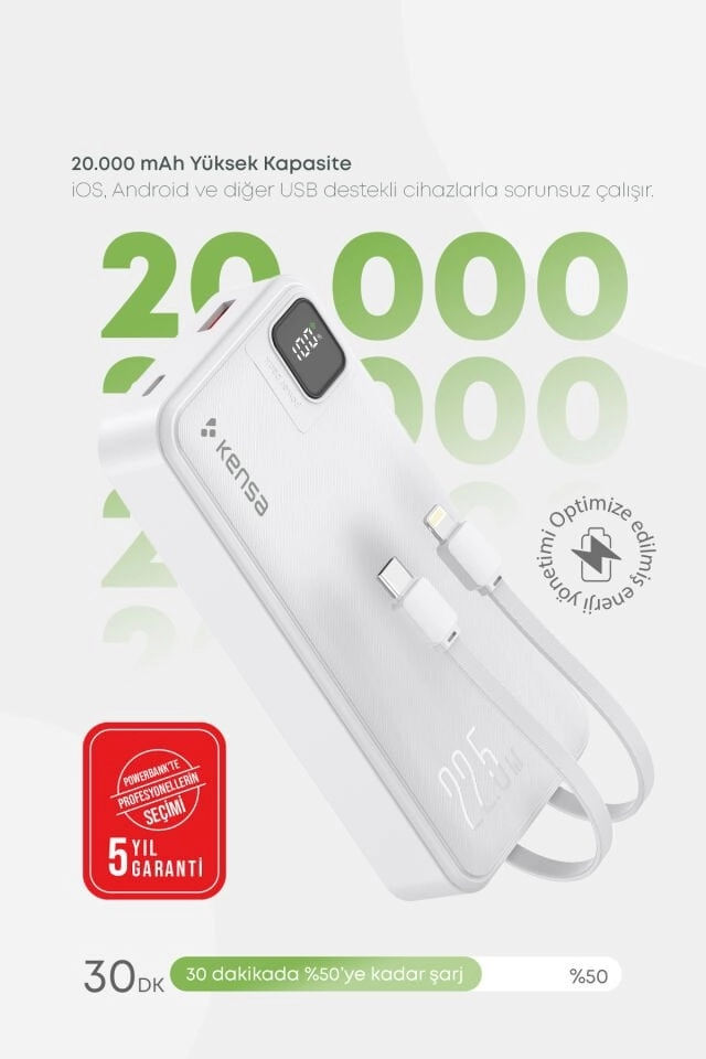Kensa 20.000 mAh Hızlı Şarj Powerbank Beyaz