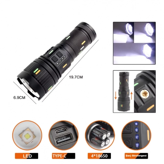 F.B.I Pro F-3001 Alüminyum TG LED Güç Göstergeli Type-C Şarjlı El Feneri 100 W