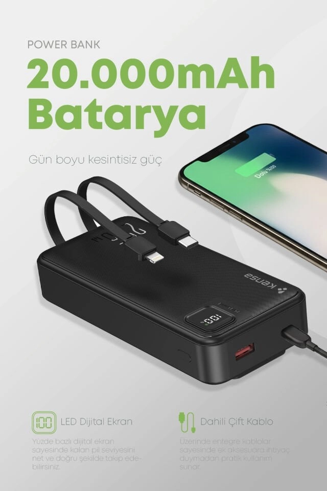 Kensa 20.000 mAh Hızlı Şarj Powerbank Siyah