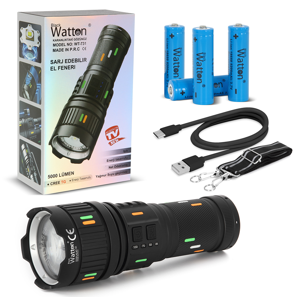 5000 LÜMEN CREE TG LED ŞARJ GÖSTERGELİ EL FENERİ WATTON WT-731