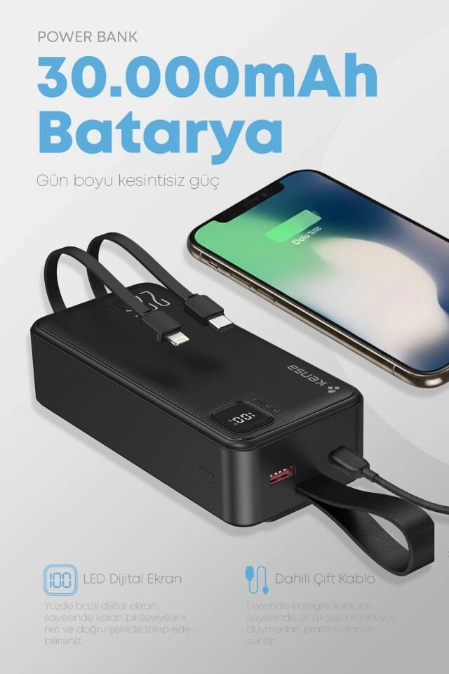Kensa 30.000 mAh Hızlı Şarj Powerbank Siyah