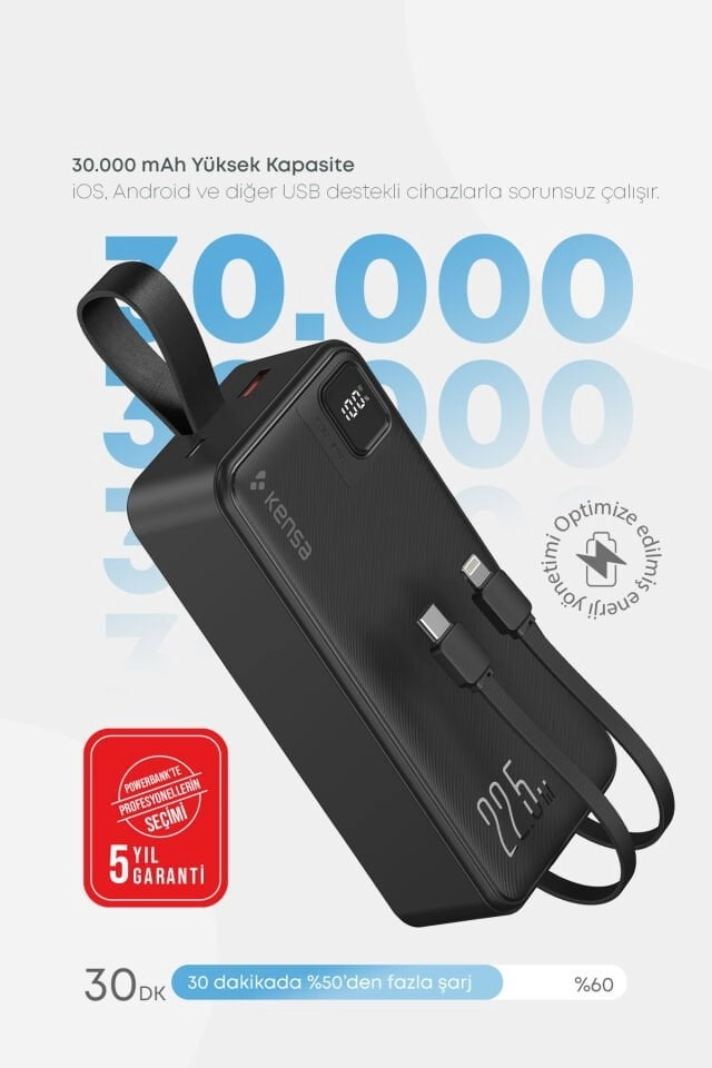 Kensa 30.000 mAh Hızlı Şarj Powerbank Siyah