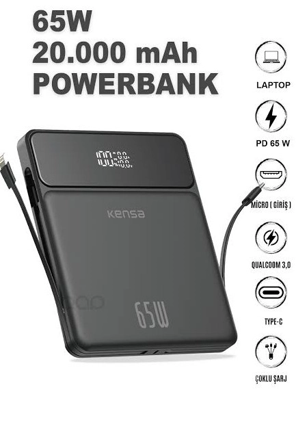 Kensa 20.000Mah Hızlı Şarj Powerbank 65W Çift Çıkışlı Lightning+Usb-C, Led Ekranlı, Powerbank