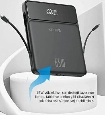 Kensa 20.000Mah Hızlı Şarj Powerbank 65W Çift Çıkışlı Lightning+Usb-C, Led Ekranlı, Powerbank