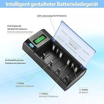BESTON Evrensel Pil Şarj Cihazı, CD, AA, AAA, 9V, NI-MH, NI-CD Şarj Edilebilir Piller için Deşarj Fonksiyonlu ve LCD Ekranlı, Hızlı AA AAA Pil Şarj Cihazı