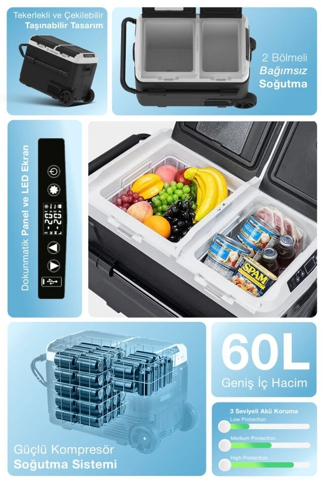 Kensa KOT-03  60 Litre Çift Bölmeli Taşınabilir Araç Buzdolabı