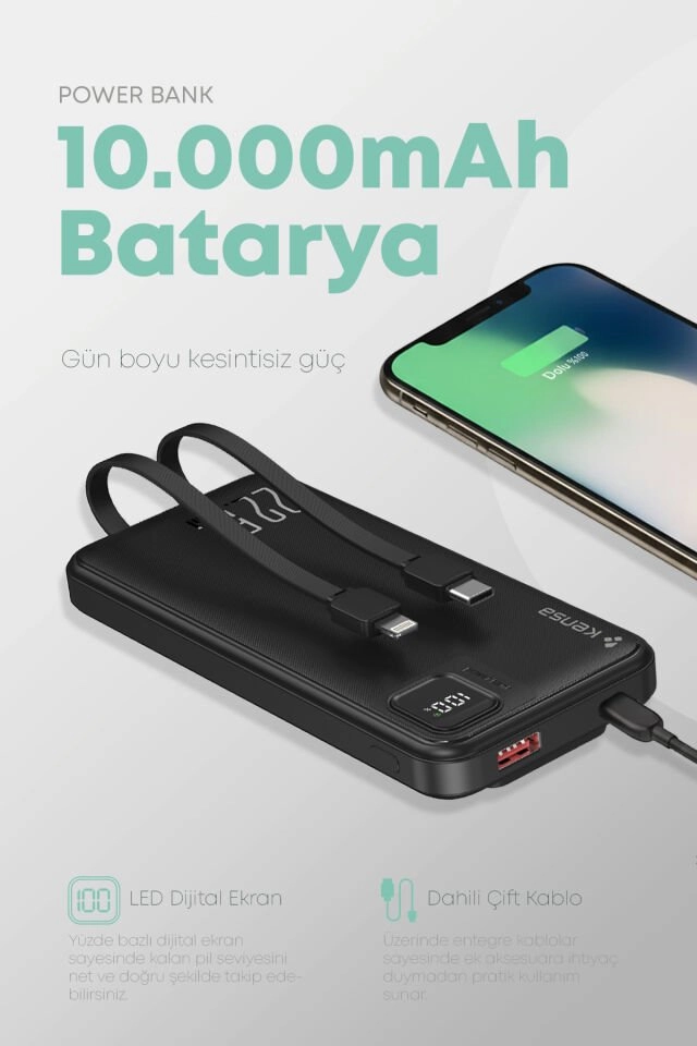 Kensa 10.000 mAh Hızlı Şarj Powerbank Siyah