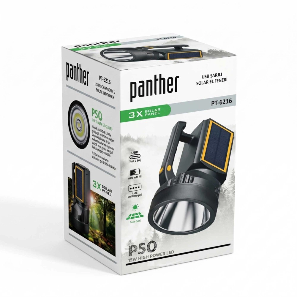 PANTHER PT-6216 USB ŞARJLI SOLAR EL FENERİ