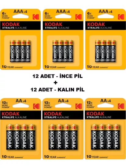 Xtralife Alkalin Toplam 24 Adet Özel Pil Paketi - 12 Adet Ince Pil + 12 Adet Kalın Pil