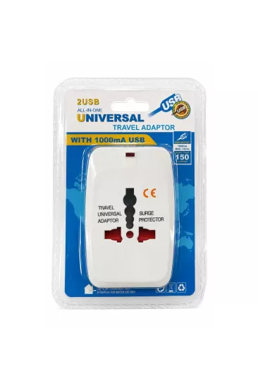 Çift USB’li Typ-c girişli Universal Seyahat Adaptörü Akım Korumalı Priz Çevirici 5V 1000mA