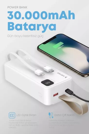 Kensa 30.000 mAh Hızlı Şarj Powerbank Beyaz