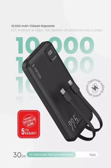 Kensa 10.000 mAh Hızlı Şarj Powerbank Siyah