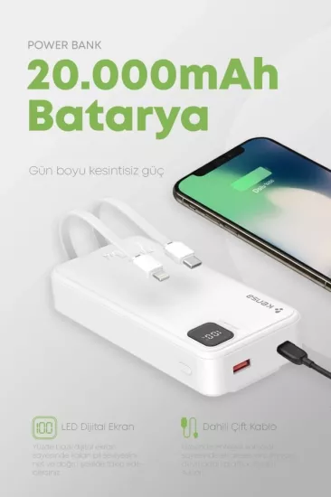 Kensa 20.000 mAh Hızlı Şarj Powerbank Beyaz