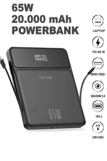 Kensa 20.000Mah Hızlı Şarj Powerbank 65W Çift Çıkışlı Lightning+Usb-C, Led Ekranlı, Powerbank
