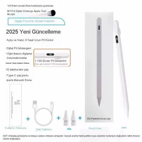 iPad(2018-2025)Pro11M4-Air11M2-İp10/9/8/7/6-Air5/4/3-Mini6/5 için Avuç İçi Reddi Aktif Stylus Kalem