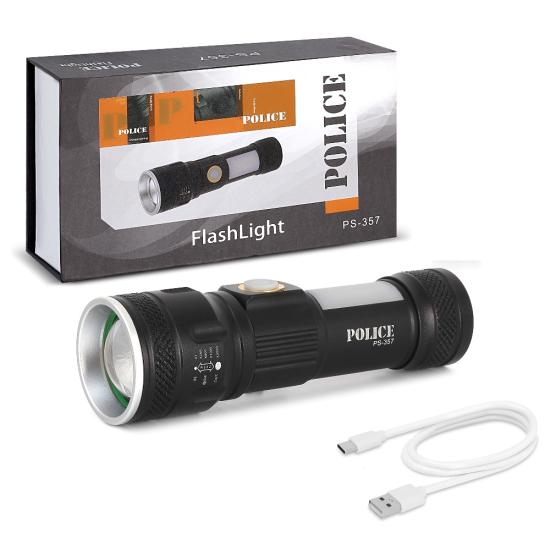 Polıce PS-357 Zoom, Yan Aydınlatma Işıklı,Magnetli ve Kırmızı-Mavi İkaz Işıklı,Şarjlı El Feneri