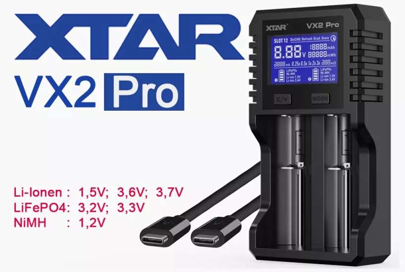 Xtar VX2 Pro - 1,5V için evrensel analizör şarj cihazı; 3,6 - 3,7V Li-İyon; 3,2V LiFePO4 ve 1,2V Ni-MH piller